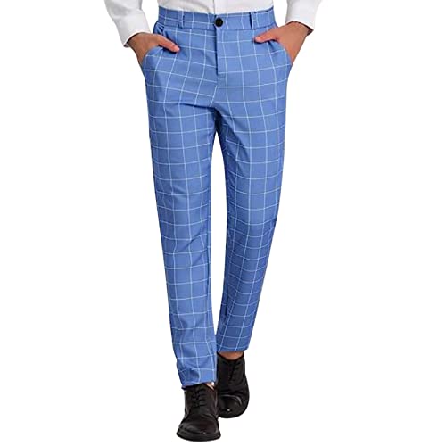 Mens Chinos Slim Fit Stretch Flat-Front Skinny Plaid Dress Pants Business Work Suit Tapered Pants Casual Golf Pants Trousers