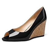 Mettesally Women's High Heel Wedges Peep Toe Cork Heels Pumps Comfort Casual Breathable Summer Wedge Shoes Black US13