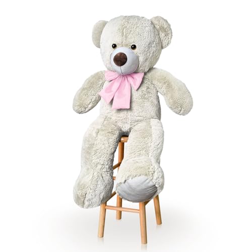 Urso De Pelúcia Gigante 1M Com Laço Para Decoração Presente Amor (Baunilha Com Rosa)