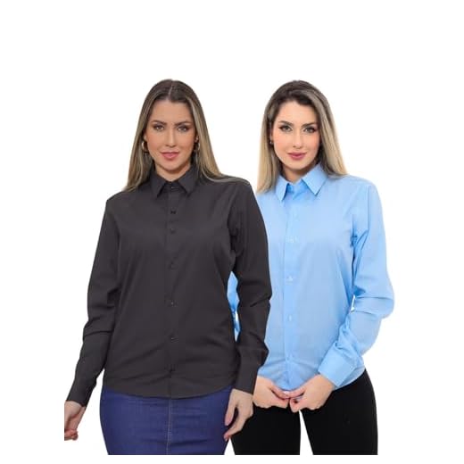 Pthirillo, KIT Feminino 2 Peças - Camisa Social Premium Tipo Linho Azul Claro e Camisa Social Slim Preta Tamanho:G