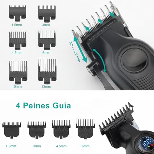 VGR 196 & 996 Set de Maquina Cortar Pelo Profesional, Kit de Maquina de Cortar Pelo Hombre Inalámbrico con Cuchillas de Cerámica Recubiertas de Titanio, Pantalla LED, 10 Peine Guías y 1 Peine, Verde - imagen 4