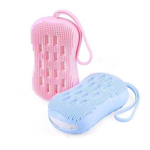 ikikin Body Brush Soft Silicone Bath brush Exfoliating Body Scrub Brush, Shower Cleansing Scrubber Brush for Double-Sided Silicone Sponge Bath Brush with Soft Brush pink+blue