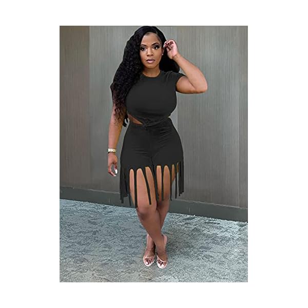 Two-Piece-Outfits-for-Women-Casual-Short-Sleeve-and-Tassel-Bodycon-Shorts-Sexy-Clubwear-Tracksuit-Set ThusFur Womens Summer Casual 2 Piece Black Outfit Short Sleeve Shirt Bodycon High Waist Shorts Set Sportswear Tracksuit with Tassel Size XX-Large