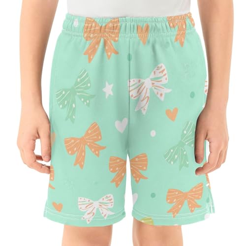 Bow and Heart Athletic Shorts with Zipper Pockets, Youth Boys Athletic Running Shorts for Summer2