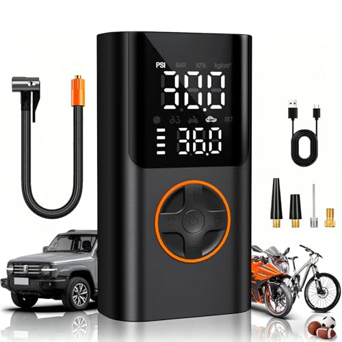 AIRSURE Tire Inflator Portable Air Compressor, Bike Pump with Gauge and USB Charging Output, 150PSI Fast Inflation Portable Tire Inflator for Car Bicycles Motorcycles Scooter Balls