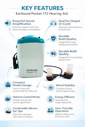 Image of Dishan Pocket Hearing Aid Machine for Old Age | 8 Volume Setup Sound Amplifier | Easy Hearing Device for Senior Citizens | Kaan Ki Machine with 2 Receivers | Model Unisound-172