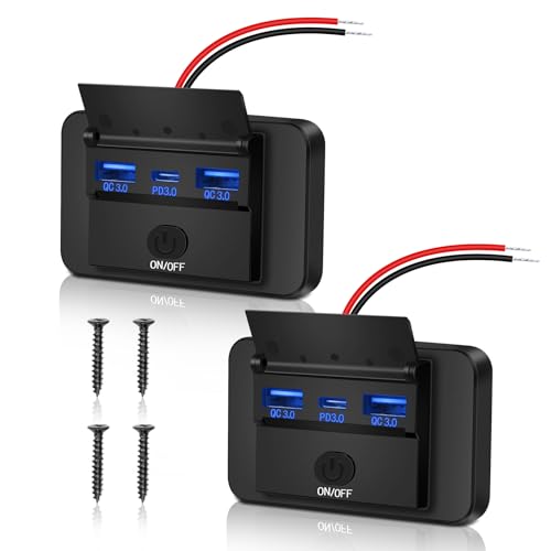 Daakro 2 Stück USB Ladebuchse 12V Autoladegerät 72W Dual QC3.0 USB & PD3.0 Typ C Handy Schnellladegerät Wasserdicht mit Schalter für 12 V / 24 V Wohnwagen, Autos, Motorräder, LKWs