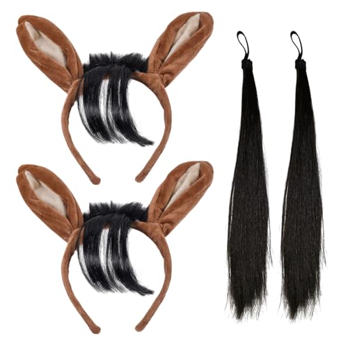 TUONYIS 4 Pièces Oreilles de Cheval sur Bandeau et Queue, Bandeau de Noël, Cornes de Taureau Ensemble de Costumes, pour Garçons et Filles Adultes, Accessoires Sur le Thème du Festival Diable(Marron)