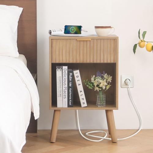 Image of Fultyle Wood Nightstand with Charging Station, Bedside Table with Fluted Drawers and Outlet, Boho Night Stand for Bedroom, Living Room, Office (Rustic Walnut)