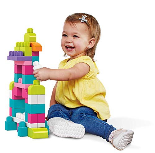 Mega Bloks Juego de construcciones 80 Piezas con Bolsa ecológica Rosa, Juguete bebé +1 año (Mattel DCH62)