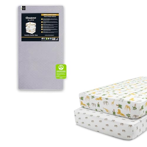 Image of Beautyrest Beginnings Black Brilliant Sun Crib and Toddler Mattress + Delta Children Fitted Crib Sheets for Girls and Boys (Pack of 2), Safari Friends (Bundle)