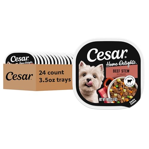 Image of Cesar Home Delights Wet Dog Food, Beef Stew in Sauce, 3.5 oz, 24 Count | Real beef #1 ingredient, easy to digest, no fillers /added sugar /artificial flavors, use as meal or topper, easy peel trays