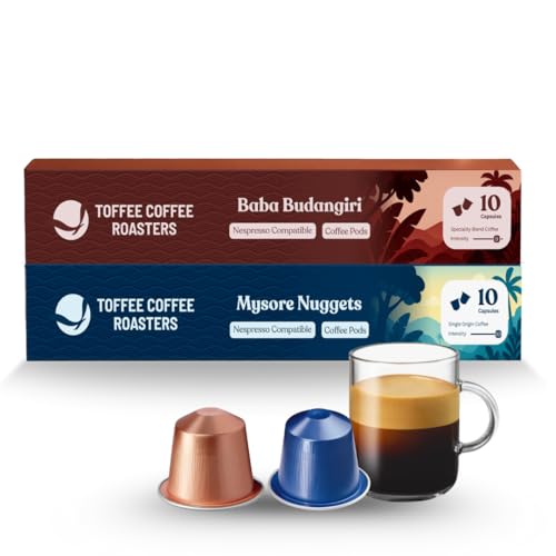 Image of Toffee Coffee Roasters | Variety Pack Coffee Pods - 20 Aluminium Coffee Capsules | Baba Budangiri & Mysore Nuggets | Nespresso Compatible |