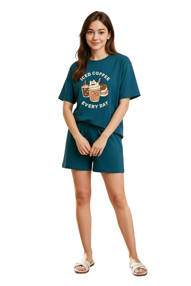 elvia Women's Pure Cotton Top and Shorts Co-Ord Set | Graphic Printed Iced Coffee Every Day Lounge Wear | Regular Fit Round Neck Half Sleeve Night Suit for Women and Girls-picture-51