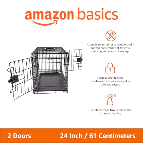 Image of Amazon Basics Portable, Foldable Metal Wire Dog Crate with Removable Tray, Double Door, Divider Panel, 24 inch x 18 inch x 20 inch, Black