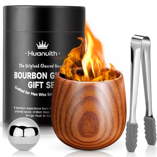 Huanuith Whiskey Glasses Charred Wooden Bourbon Glass, 10oz Handmade with Stones & Tongs – Unique Bourbon Gifts for Men Dad Husband, Ideal for Christmas Birthday Father's Day