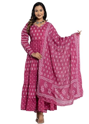 Image of Amayra Women's Pure Cotton Printed Anarkali Kurta Set with Palazzo Pants & Dupatta- Ethnic Wear