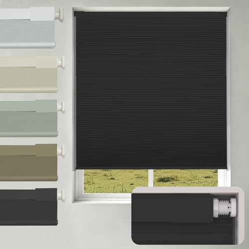 Image of No Drill No Tools Blackout Cellular Shades,Cordless Blinds for Indoor Windows,Room Darkening Window Shades Honeycomb Blinds for Bedroom,Office,Home,Black,20 inch w x 36 inch h