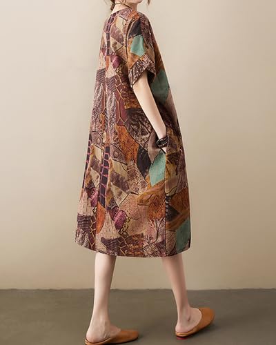 Image of LUZU JUNU Women's Summer Baggy Plus Size Loose Cotton Linen Long Boho Beach Dress with Pockets