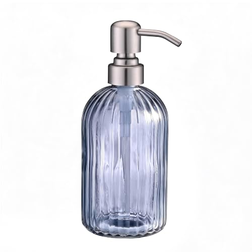 Image of 16 OZ Blue Grey Striped Glass Soap Dispenser with Brushed Nickel Pump