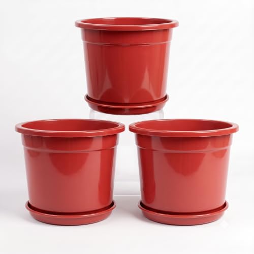 Image of 12 Inch Glossy Red Plastic Planter with Bottom Plate | Heavy Duty Flower Pot with Tray for Indoor Home Decor, Balcony, Living Room & Outdoor Garden (3 Pot, Red)