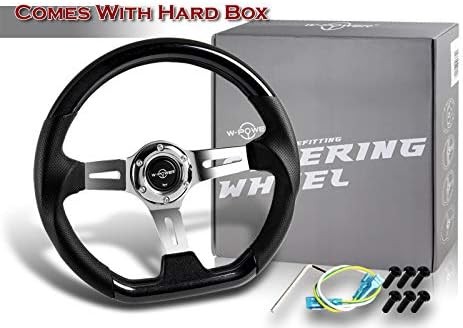 W-Power, 13.5" Universal 343mm 6 Bolt Hole Deep Dish Pearl Black Wood with Aluminum Polished Leather Grip Steering Wheel, Horn Button JDM Euro VIP Style, Silver 3-Spoke