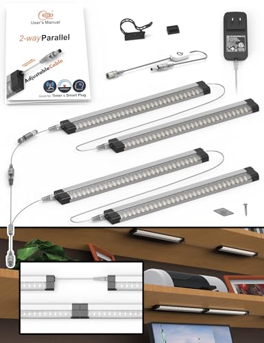 Image of 2-Tier Shelf Lights 4-Pack, LED Strip Light Built-in Adjustable Wires for Double Layer Cabinet, Touch Control Dimmer & ETL Listed Adapter, 4500K Natural White 1800 Lumen 16W, Clean Look Installation