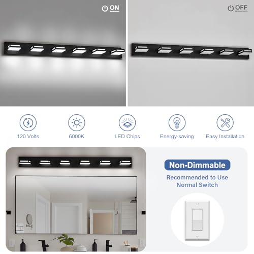 Image of LED Modern Bathroom Light Fixtures, 6-Light 48-Inch Matte Black Vanity Lights for Bathroom Lighting Fixtures Over Mirror, 6000K Cool White 350 Rotatable Wall Lamp