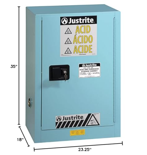 Image of Justrite Acid Corrosive Storage Cabinet - 12 Gallon 1 Door Manual Close Chemical Storage Cabinet with Removable Polyethelene Trays - 18 inch x 35 inch x 23 inch - Made in The USA - Light Blue - 891202