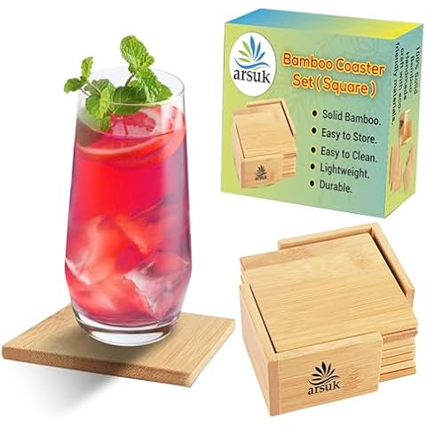 ARSUK Bamboo Coaster Set with Holder Cover