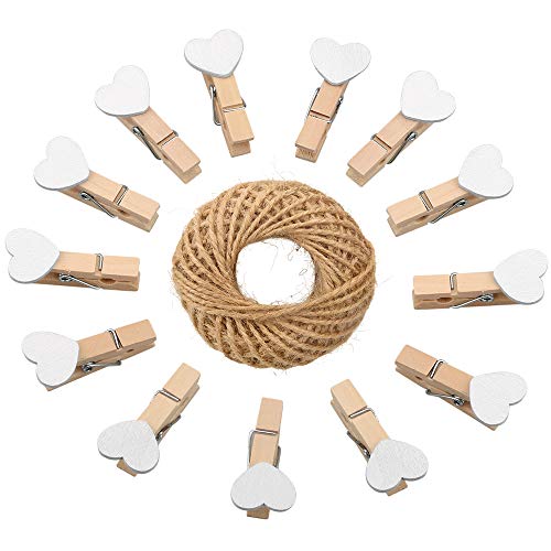 jijAcraft Heart Pegs,100Pcs Mini Wooden Clothespins, White Photo Paper Clips with 30 Meters Jute Twine for DIY Decorations