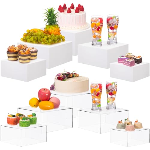 Leinuosen Buffet Risers Set of 10 Acrylic Food Risers Display Stands Cube Box 6' 7' 8' 9' 10' White Clear Dessert Table Display with Hollow Bottom for Buffet Table, Cupcake Candy Food, Wedding Party