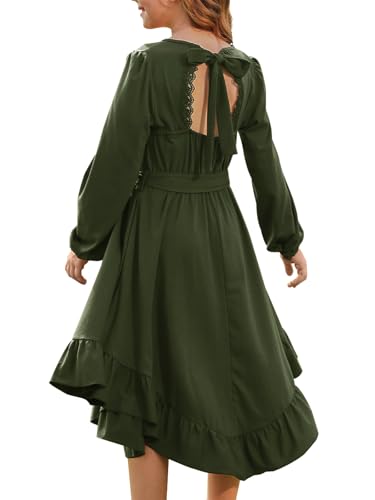 Girls Boho Dress Teen Long Sleeve Lace Backless Tie Back High Low Swing Pocket Dresses with Belt Size 5-16 Years