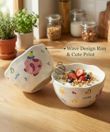 Image of Spooky Cute Ceramic Cereal & Soup Bowls (420ml) | Bowls with Top Waving Design | Microwave Safe Serving Bowls for Ramen, Noodles, Salad, Rice & Breakfast | Katori /Bati /Pyala (Set of 2,Pink Rabbit)