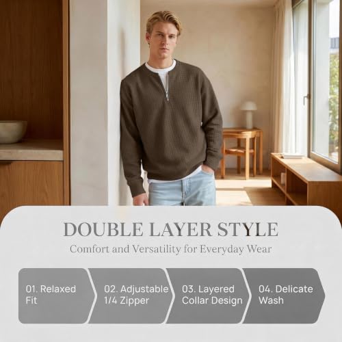 Mens Waffle Long Sleeve Shirt Quarter Zip Pullover Y2k Casual Layered Shirt - image 4