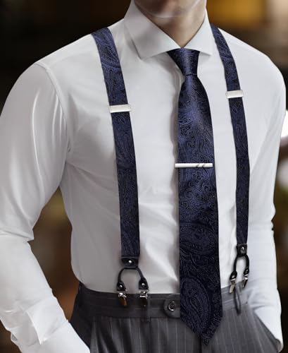 Image of Barry.Wang Men Suspender Set with Necktie Elastic Y Type Heavy Duty 6 Clips Braces Tie Handkerchief Cufflink Pin 6PCS