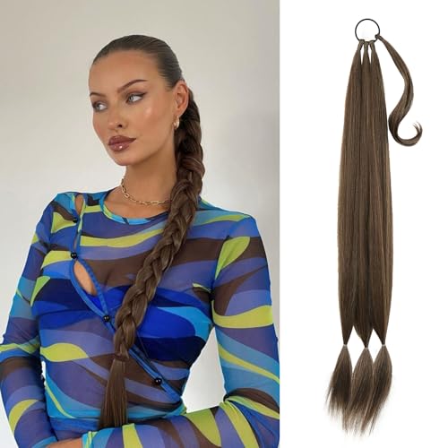 Kmzbasg Long Braid Ponytail Extension with Hair Tie DIY Wrap Around Synthetic Hairpiece Natural Soft Fluffy Style for Womens Daily Wear 34 Inches Mixed brown dark blonde
