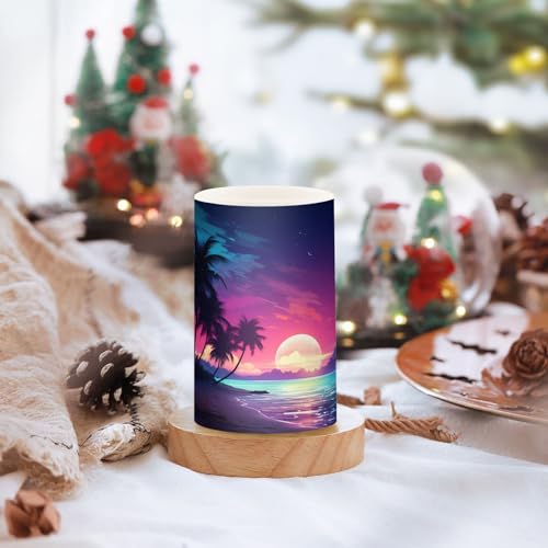 Image of Flickering Flameless Candles, Palm Tree Beach Tropical LED Candles with Remote Timer, Set of 2 Battery Operated Candle for Valentine Wedding Birthday