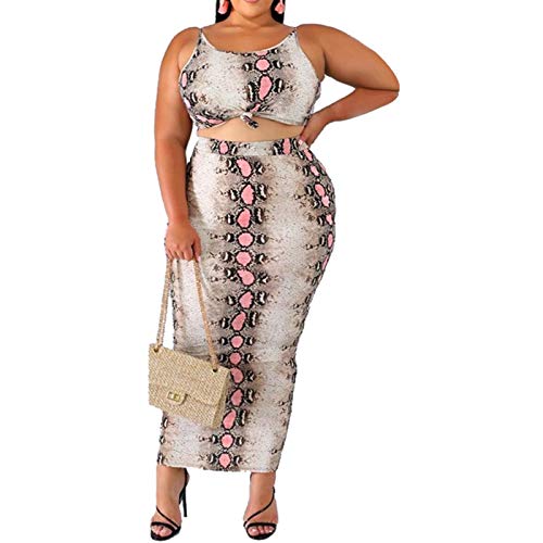 Womens Sexy Plus Size Two Piece Outfits - Floral Print Tank Tops + Belted Summer Bodycon Long Dresses Skirts Set Snakeskin 3XL
