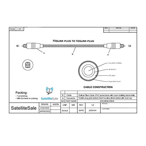 Satellitesale Digital Toslink Spdif Audio Optical Fiber Cable Universal Wire Nylon Black/Silver Cord 6 Feet #TOP6