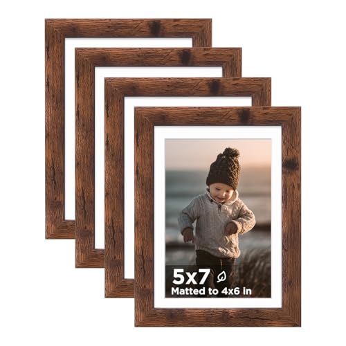 KINLINK 5x7 Picture Frame Rustic Brown Set of 4, Wooden Photo Frames Matted 4x6 with Plexiglass for 4x6 with Mat or 5x7 without Mat for Table and Wall Display