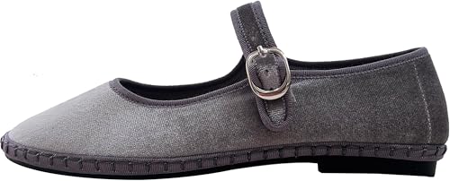 Women's Mary Jane Ballet Flats with Silver Buckle Strap Round Toe Slip-On Shoes Comfortable Casual Ballerina Shoes