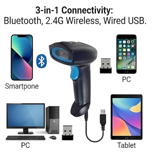 Image of Wireless 2D & 1D (Bluetooth + USB+2.4 GHz) Barcode Scanner Wireless & Wired | QR Code Scanner Rechargeable | USB Handheld Barcode Reader with Induction Scanning, Built-in Light, ABS Body