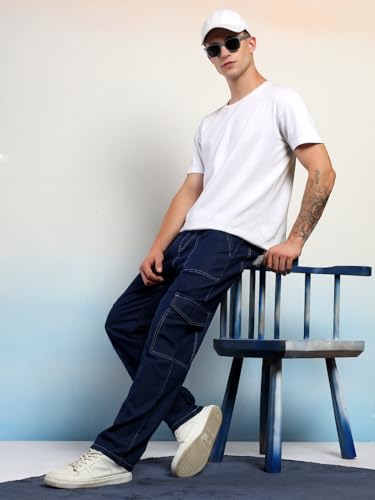 Image of KOTTY Men's Loose Fit Cargo Denim Jeans - Vintage Washed Utility Jeans with Side Pockets