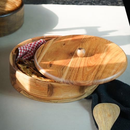 Image of Sanjeev Kapoor By OGGN Acacia Wood 9 x 9 x 3 Inch, Casserole for Roti Hot Case | Wooden Roti Box | Hot Case Casserole | Big Chapati Storage Box for Home & Kitchen - Premium Wood Elegant Design