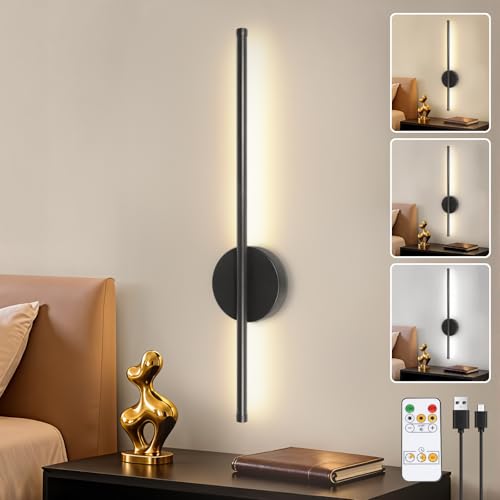Dehobo Aplique Pared Interior Batería Recargable 1 PCS - Lampara de Pared con Interruptor y Mando - Lampara Salon Sin Cable Negro 60CM Dimmable 3 Temp. Color, para Dormitorio, Comedor, Escaleras