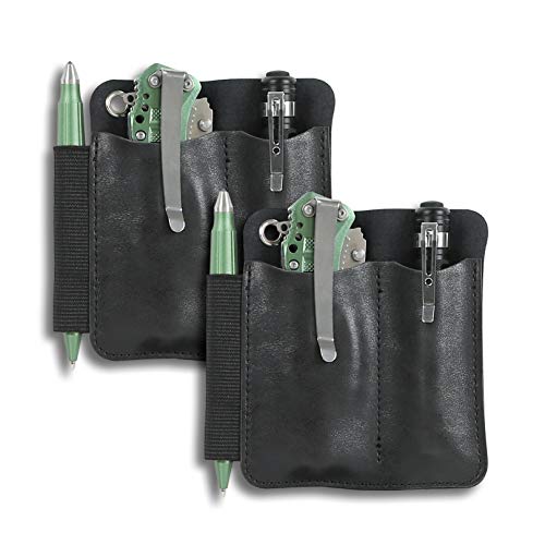 EDC Leather Organizer Pouch, EDC Carrier with Pen Loop, Fisher Space Pen Pouch, Compatible with Everyday Carry Tools, Leather pocket organizer Sheath with D-shape Ring (2 pack, Black)