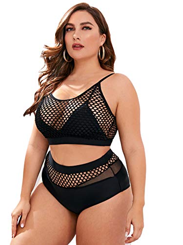 Floerns Women's Plus Size Bathing Suit Fishnet High Waist Bikini Set Rave Outfit