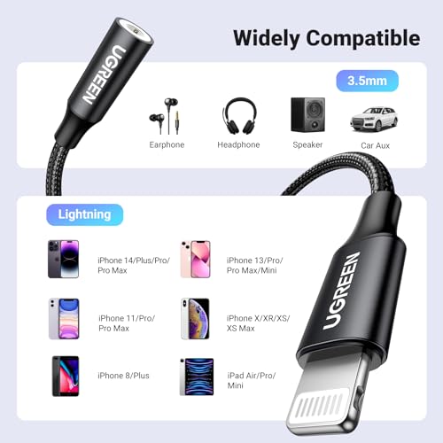 Image of UGREEN Headphone Adapter for iPhone Lightning to 3.5mm Adapter Apple MFi Certified Lightning Aux Audio Jack Dongle Compatible with iPhone 14 Pro Max /14 Plus /13 12 11 Pro Max /SE /XS, Black