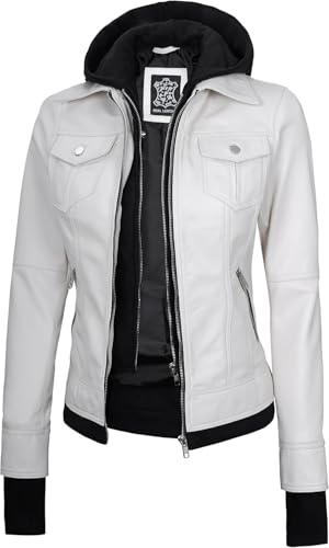 Image of Womens Leather Jacket with Detachable Hood - Real Lambskin Bomber Jacket Thumbholes Women